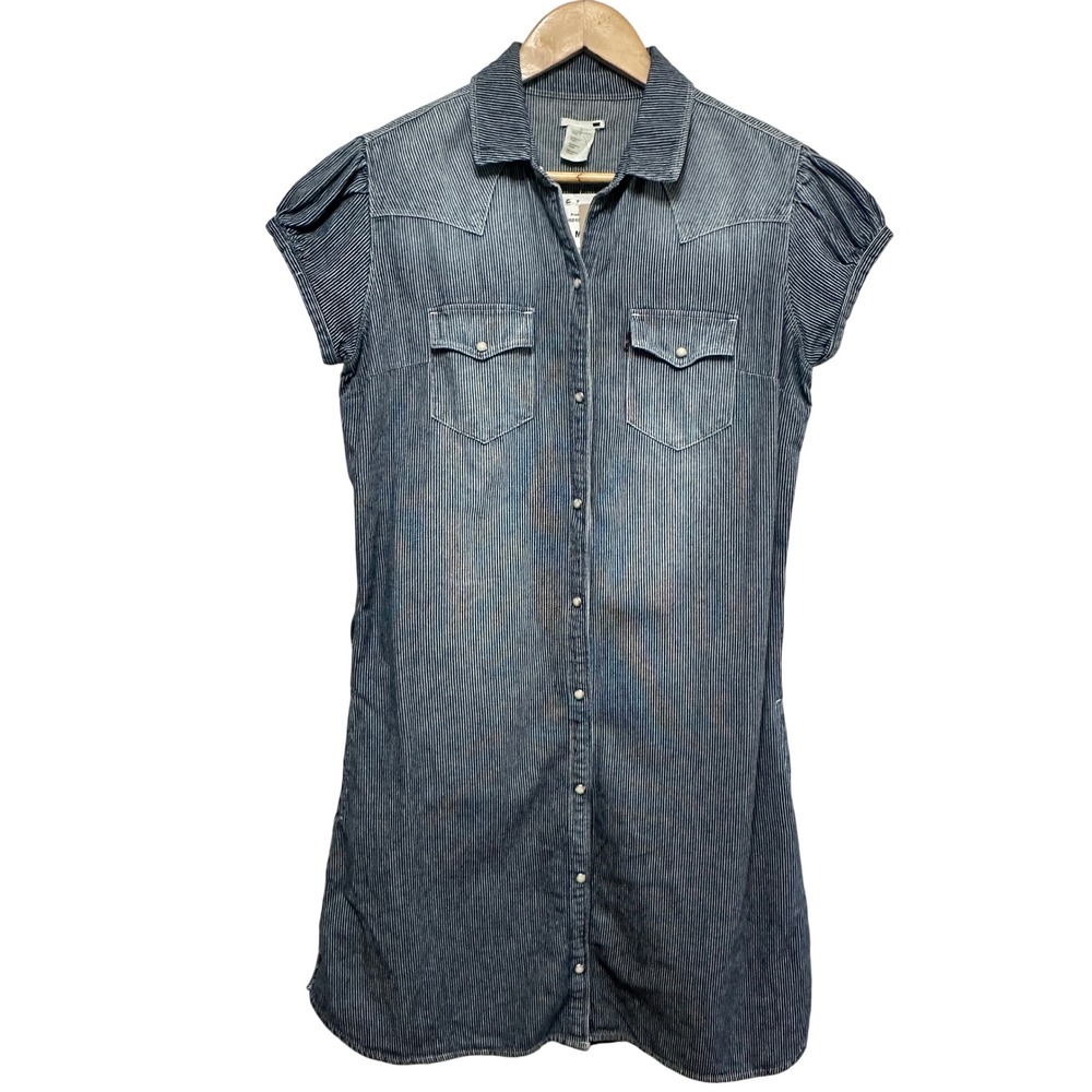 Levi's Denim Pearl Snap Shirt Dress Women Medium Blue Stripe Western Cowgirl NEW